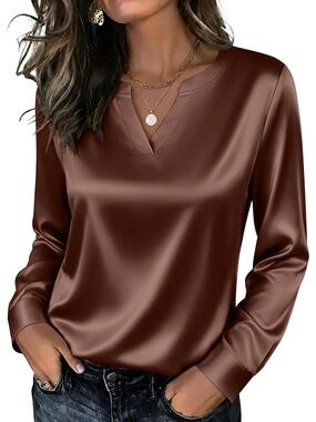 Zeagoo Women's Brown V-Neck Long Sleeve Pull on Imported Satin Silk Tops